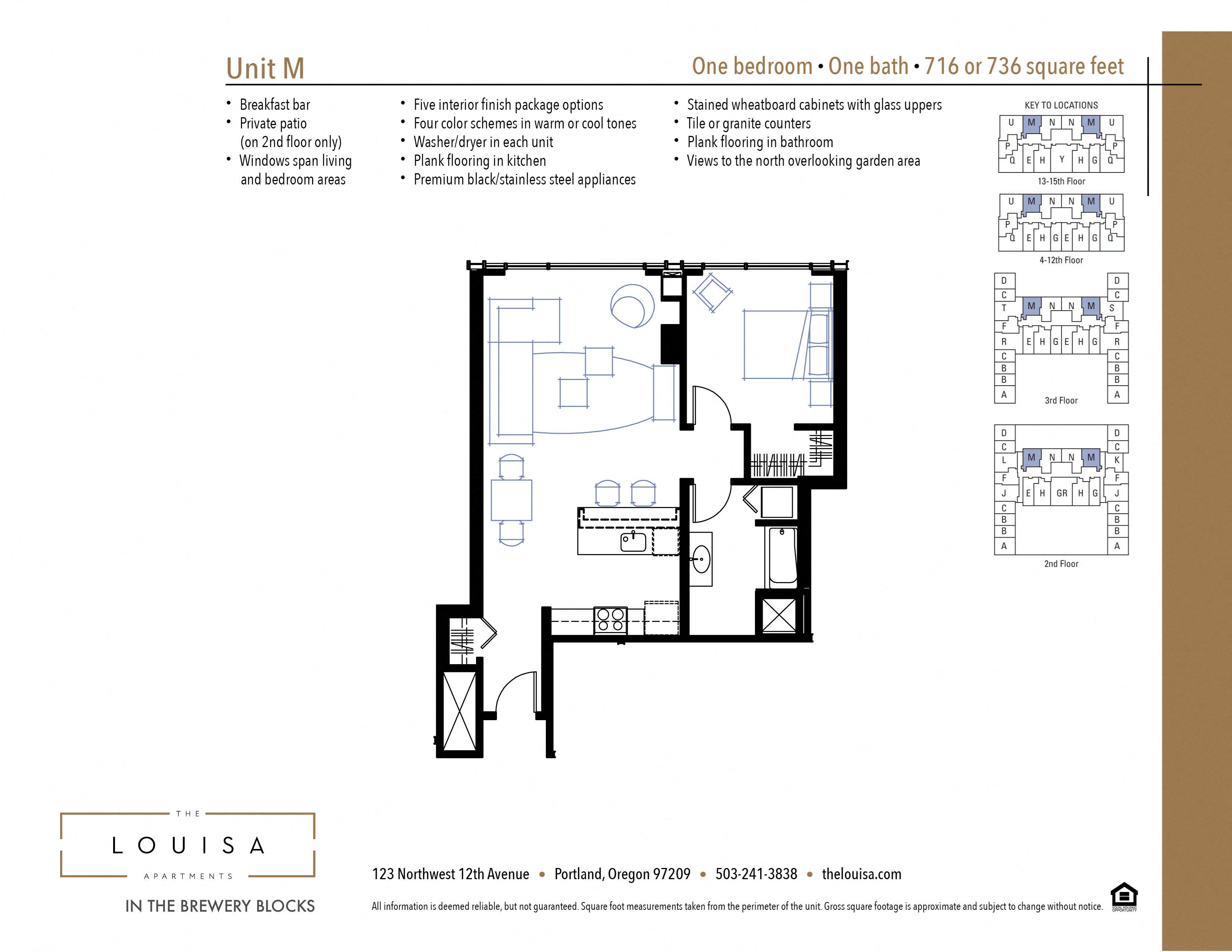 1 Bed 1 Bath (M) Floor Plan 1 Bed 1 Bath (M) Floor Plan at The Louisa Apartments in Portland, Oregon